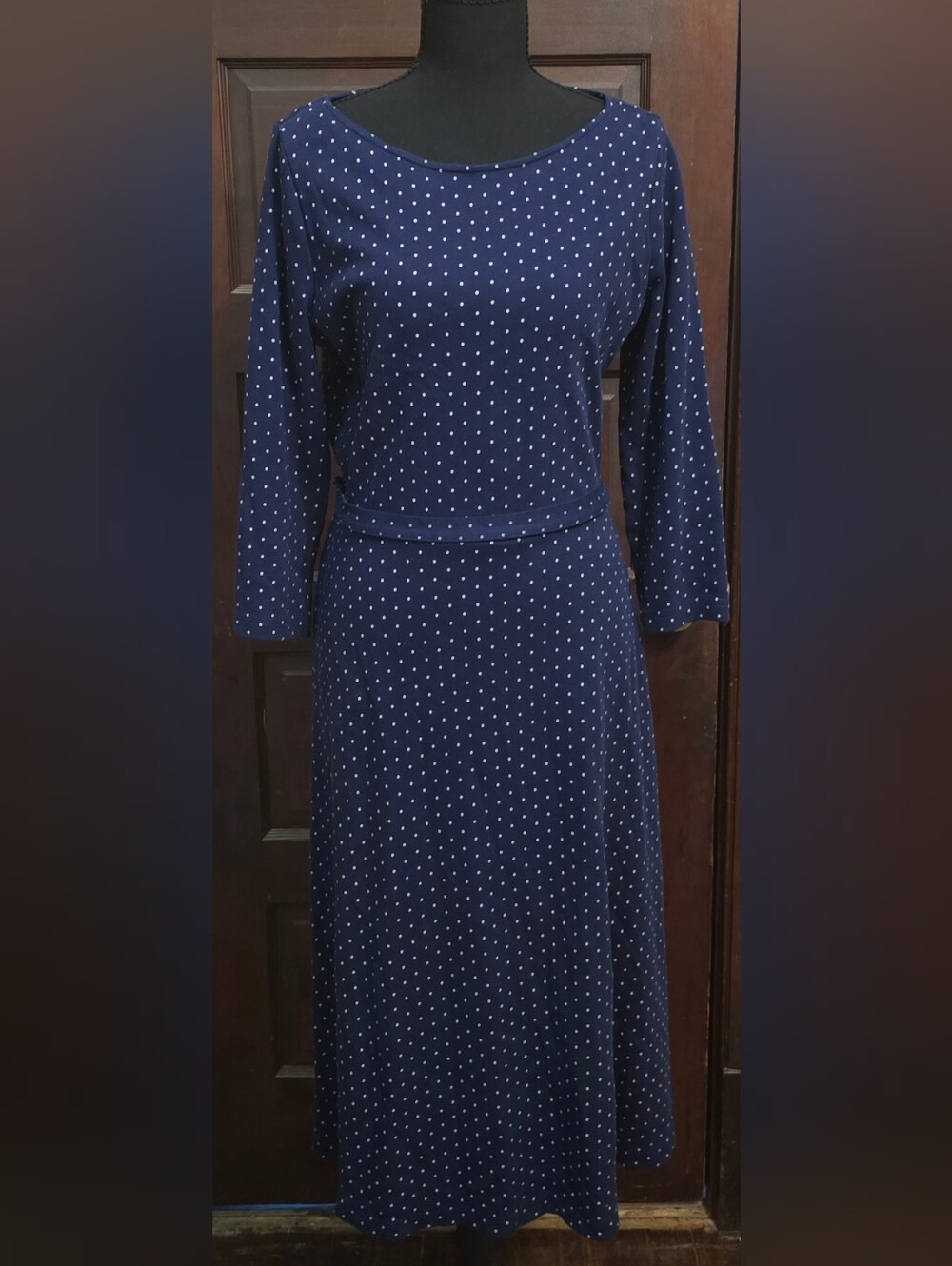Lands' End Navy with White Polka Dot Long Sleeve Dress
